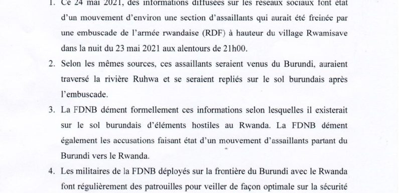 Le BURUNDI dément le présence sur son sol de rebelles du RWANDA