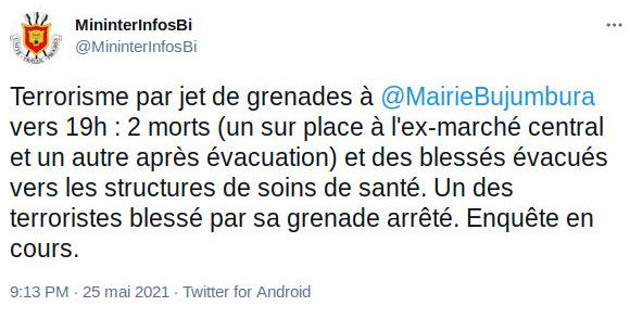 BURUNDI : Attaque terroriste à la grenade à BUJUMBURA 2 morts