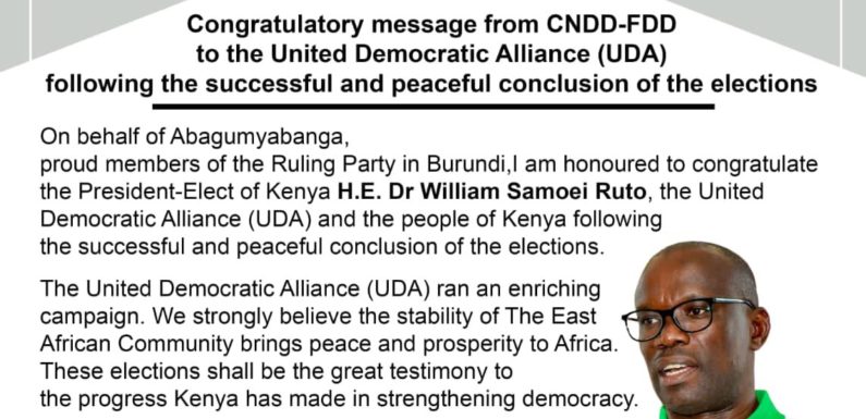 Burundi / Kenya – Elections 2022 : Le CNDD-FDD félicite S.E. Ruto Williams et l’UDA