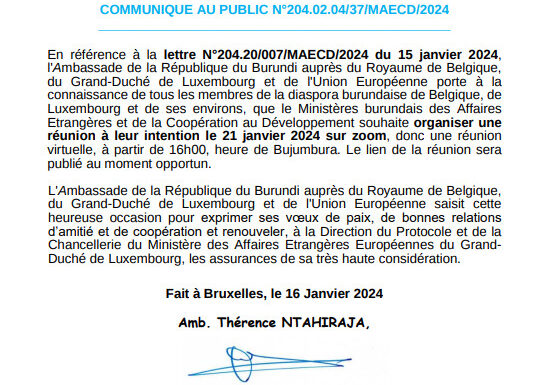 Burundi : Le 21 janvier 2024, l’ Etat prévoit une réunion Zoom diaspora européenne