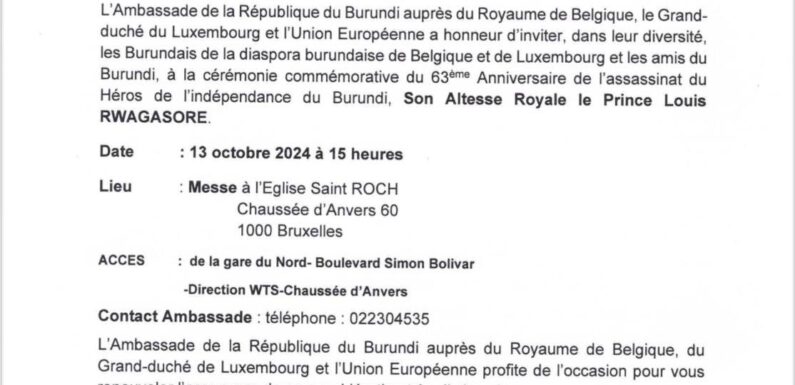 Burundi / Agenda : 13 octobre 2024, Bruxelles, 63 ans après, hommage à Rwagasore Louis.