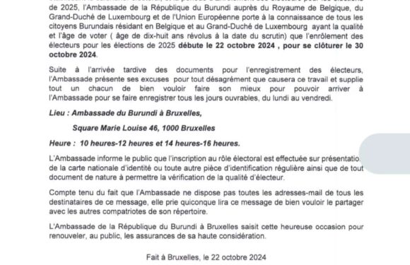 Burundi / Diaspora : Enrôlement des électeurs du 22 au 30 octobre 2024 à Bruxelles.