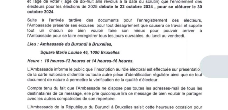 Burundi / Diaspora : Enrôlement des électeurs du 22 au 30 octobre 2024 à Bruxelles.